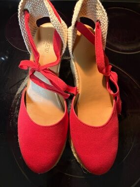 J. Crew Red Canvas Espadrilles with Ankle Tie EUC 9.5